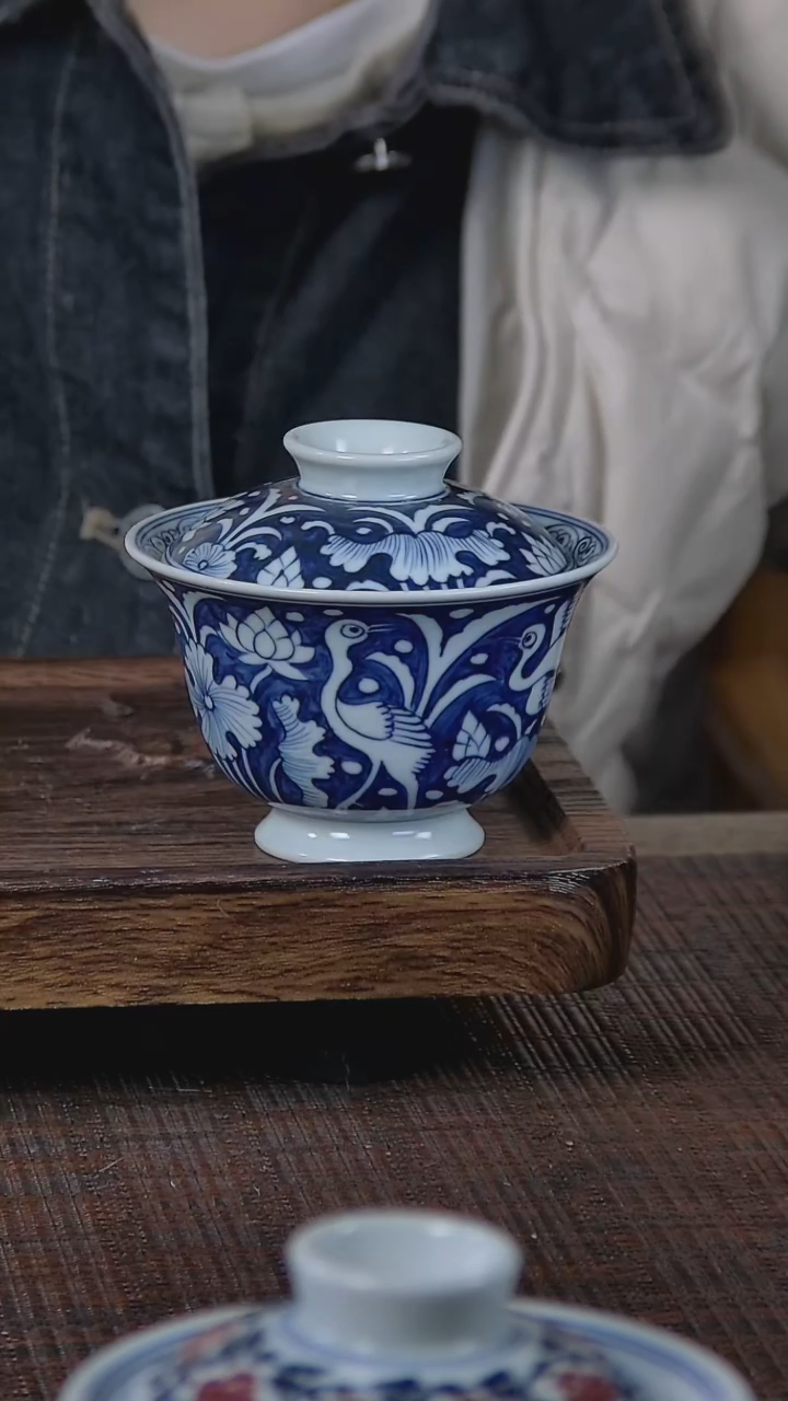 【闪购商品】折葵非器手工手绘一鹭莲升盖碗