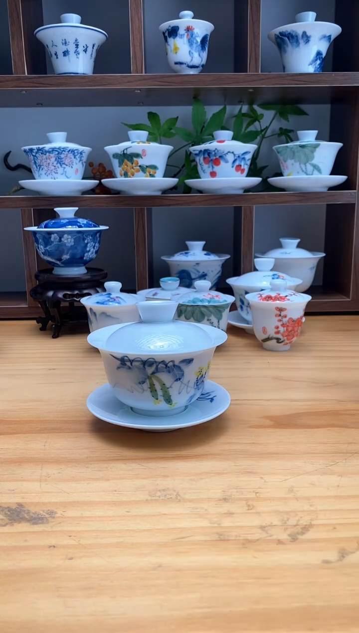 【闪购商品】手绘青瓜三才元宝盖碗150cc(微瑕）