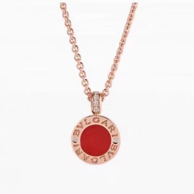 99新 BVLGARI/宝格丽 18k玫瑰金双面红白圆饼项链