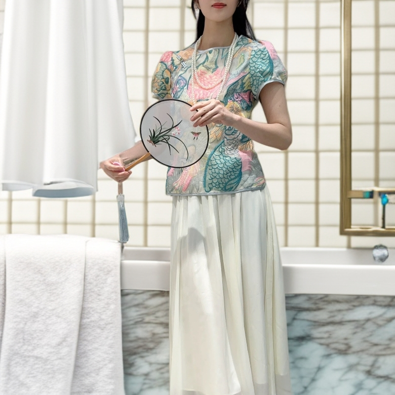 【五色鹦鹉】短款新中式国风重工刺绣短袖欧根纱旗袍短万针刺绣上衣