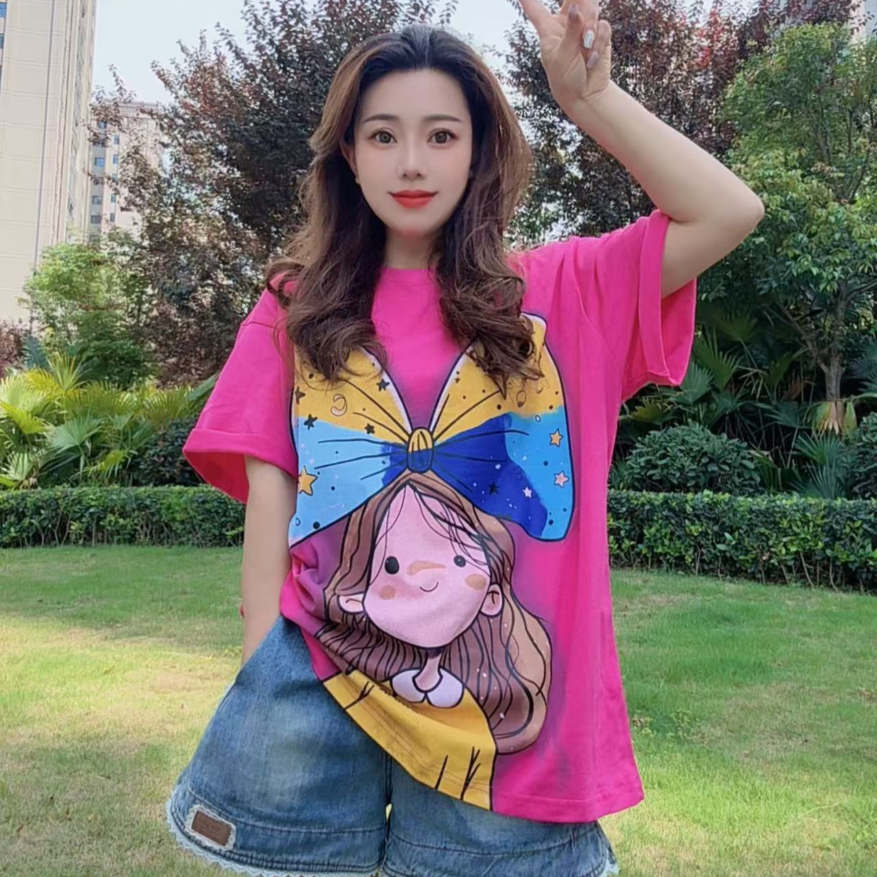 12873小景推荐-欧版时尚蝴蝶结长发小女孩短袖-9459