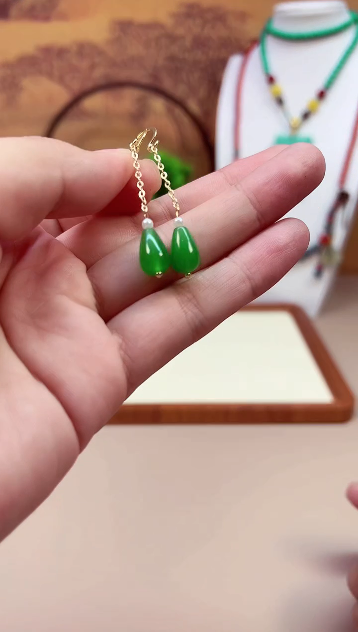 和田玉14K金镶嵌耳饰E398