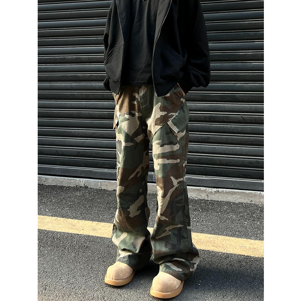 K8659#美式高街设计感迷彩工装长裤情侣斜口袋宽松直筒阔腿休闲裤