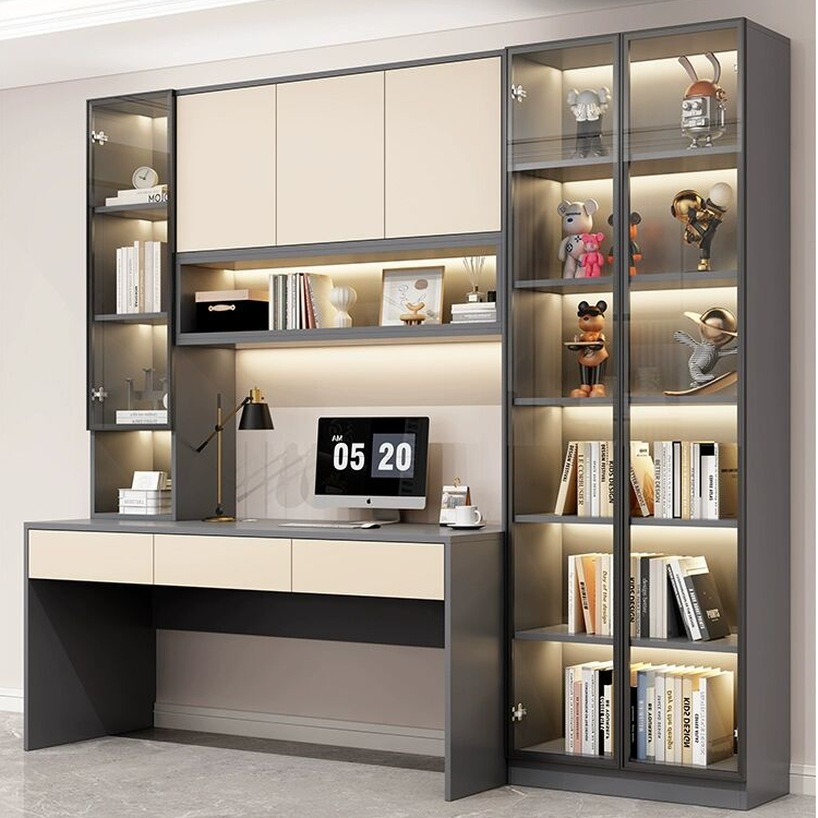 双人书桌书柜一体整墙实木电脑桌书架轻奢带玻璃门学生卧室学习桌