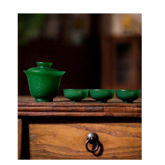 【老王】墨绿琉璃盖碗杯子组合（肌理纹）（琉璃S0305）