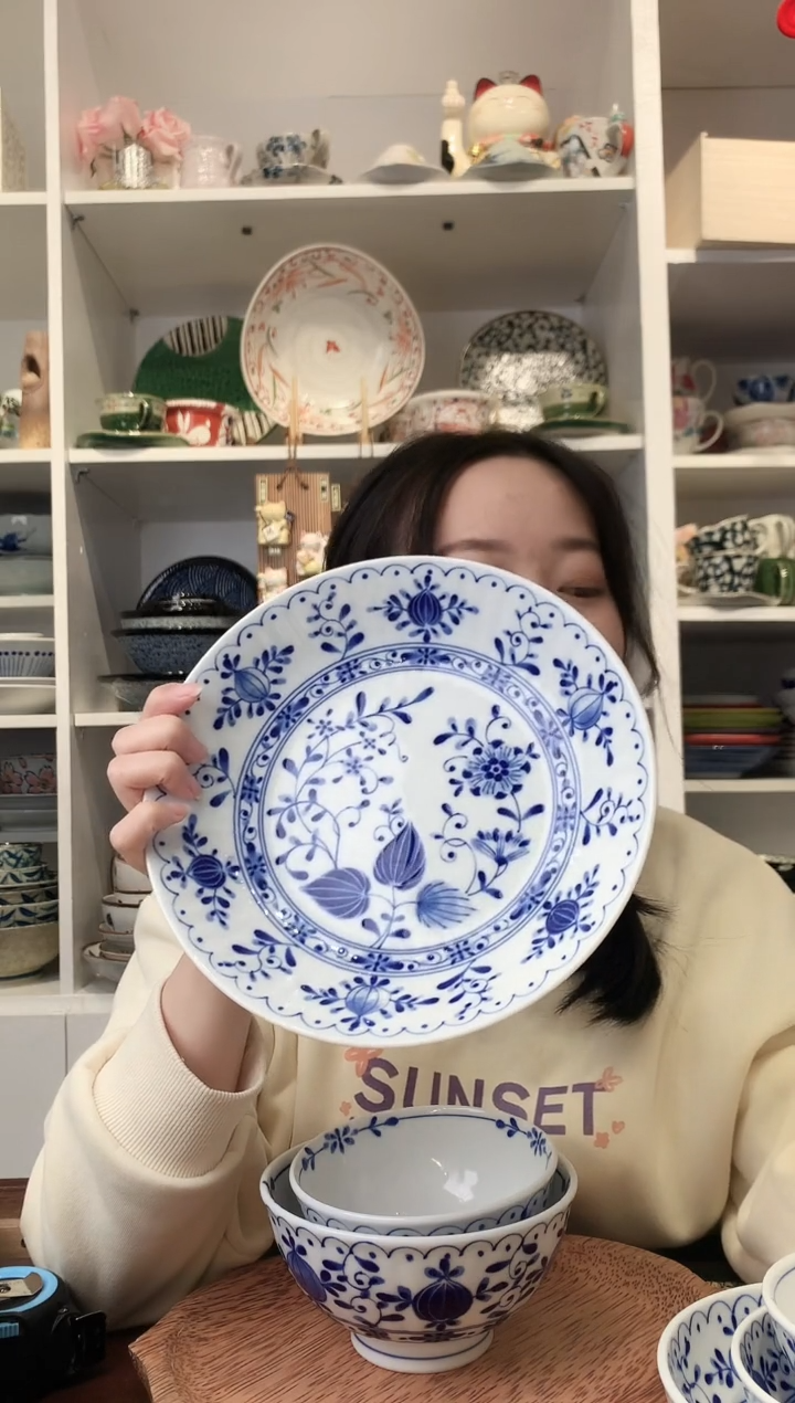 陶瓷美浓烧浪漫青花大深盘22cm