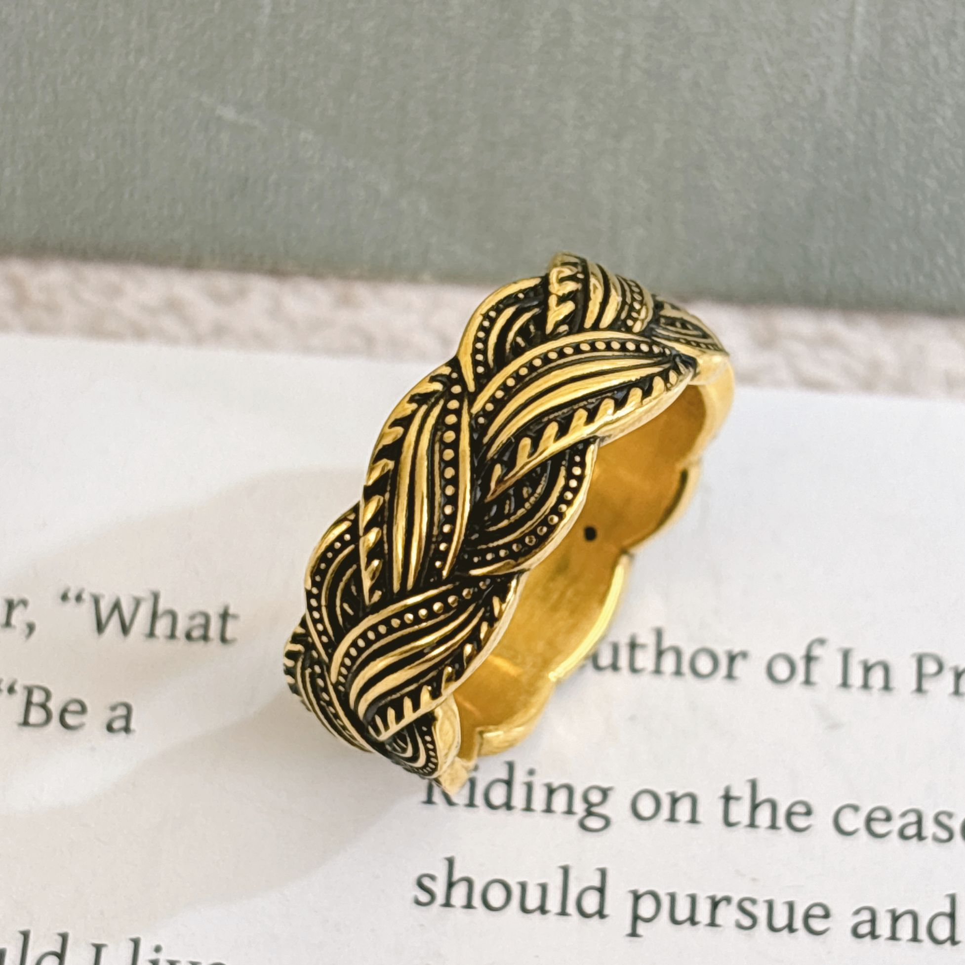 水贝千玺珠宝 麻花编织足金999戒指黄金复古电黑工艺5D精品黑金