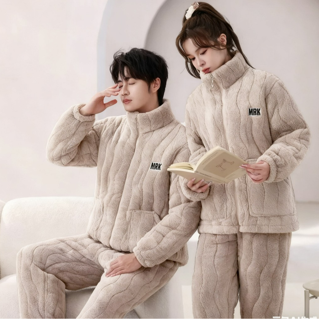 【变态厚】冬季三层夹棉睡衣男女同款加绒加厚雪花绒休闲套装家居服