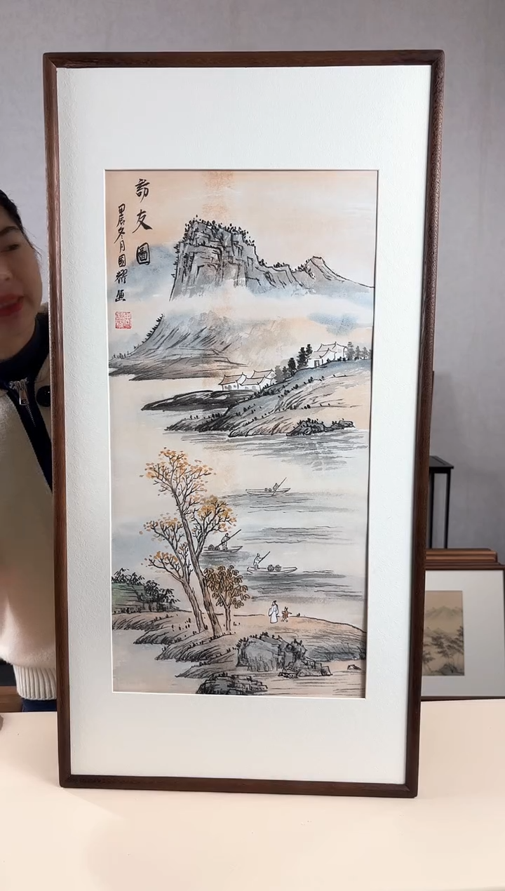 【闪购商品】国画手绘*访友图*47*92cm实木框