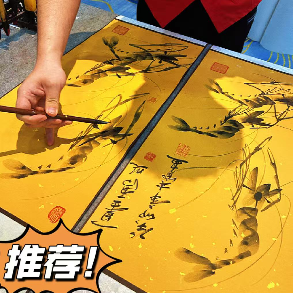 春雷国画作品《三星高照》93*32cm，实木卷轴装裱