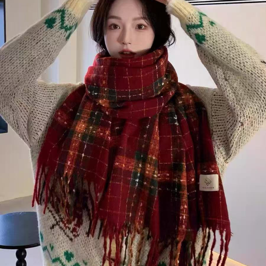 25年冬季新款日系氛围感高级感新年红色拼格围脖百搭时尚情侣