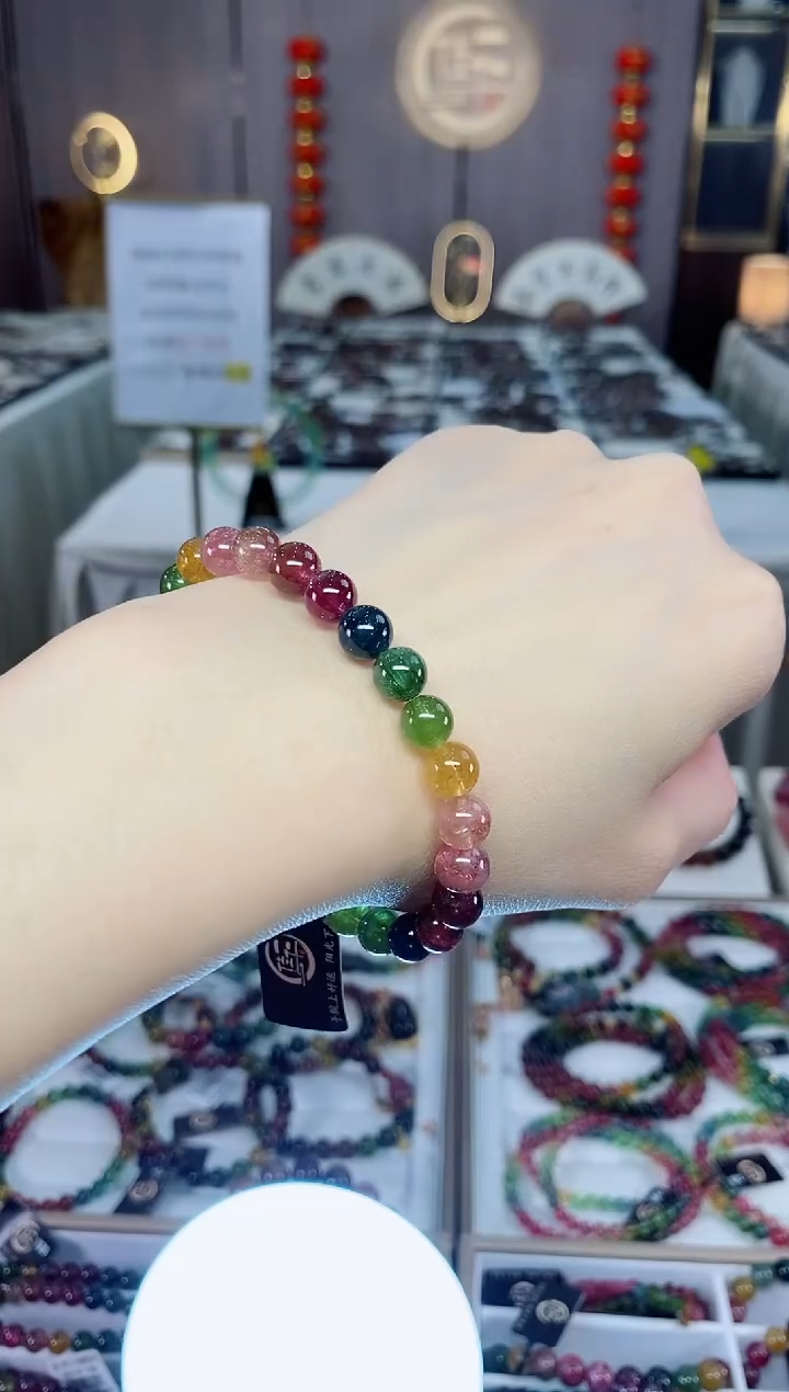 老矿碧玺色标彩虹透体单圈手串7mm未镶嵌碧玺dan多样性发货一条