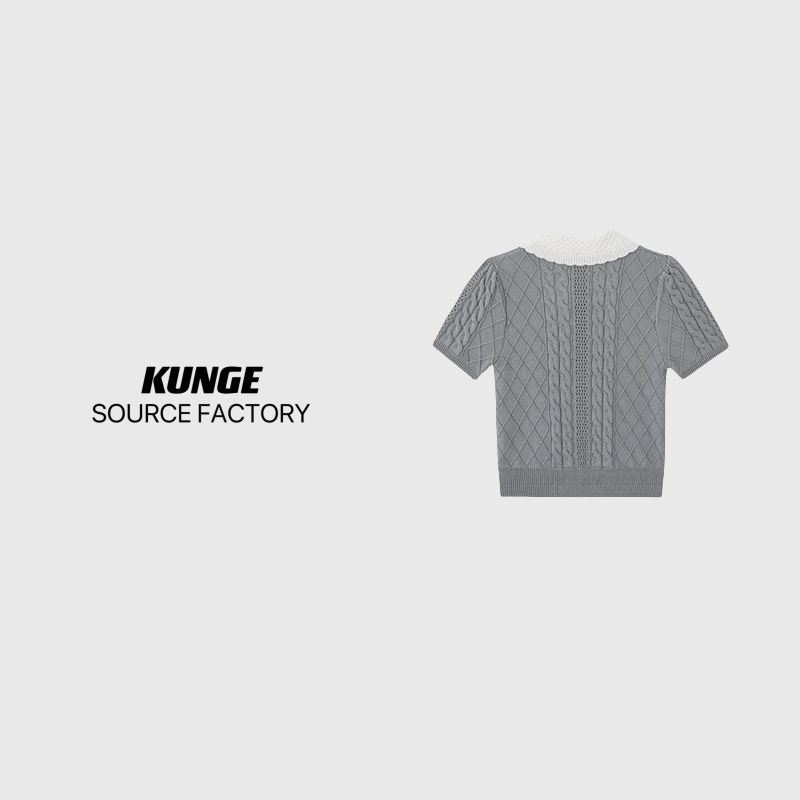 KUNGE-甜美风重工蝴蝶结女夏装饰立体绞花翻领针织短袖-9367