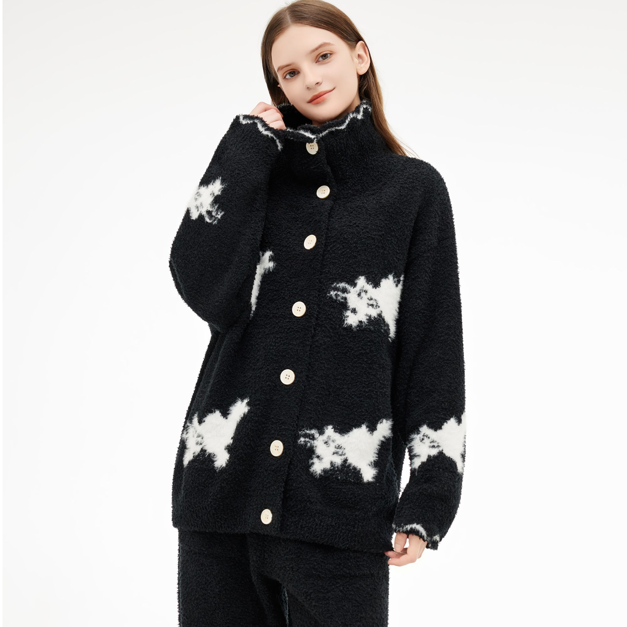 半边绒冬季黑色卡通高领开衫加绒睡衣家居服套装宽松加厚可外穿