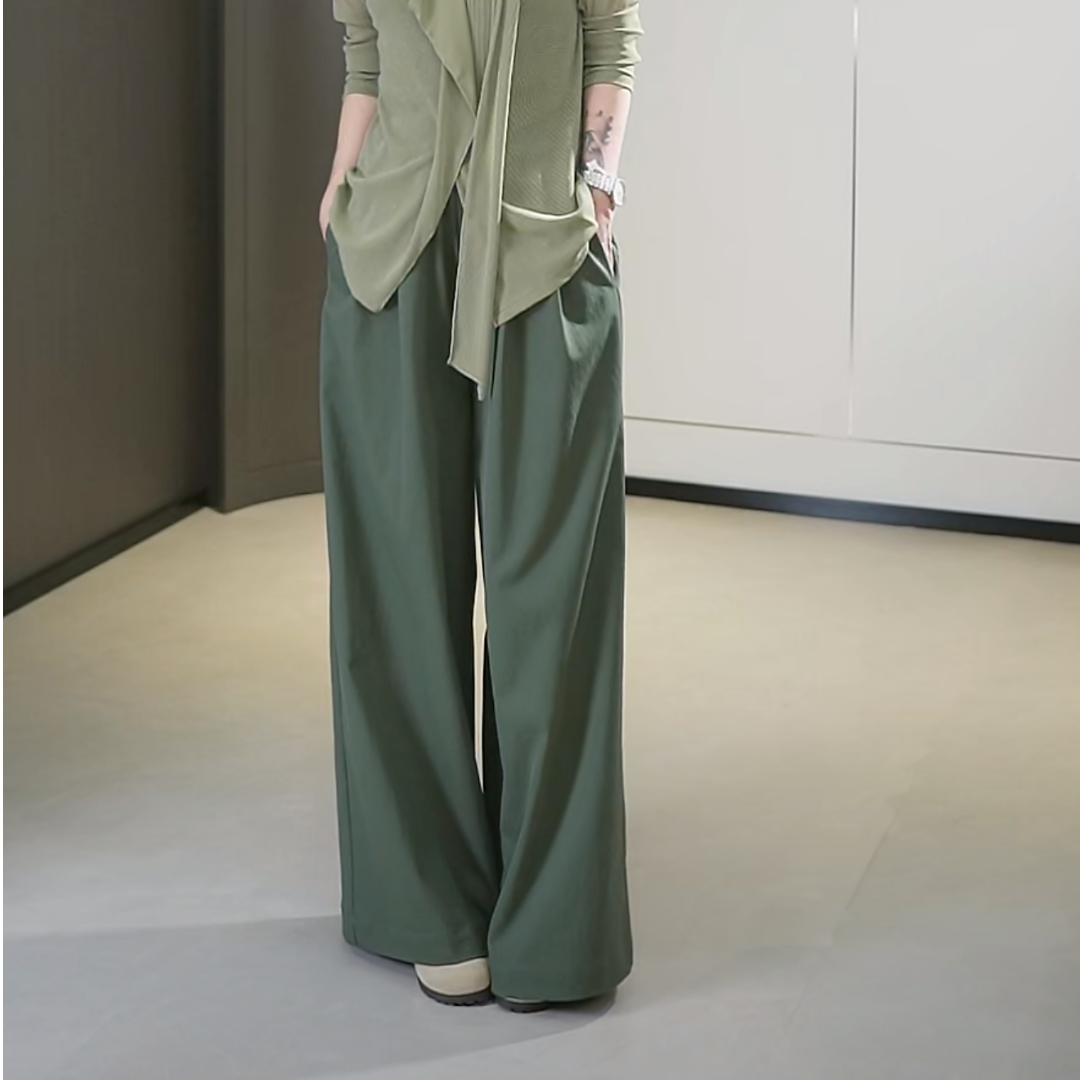 UWK2509104春秋常规中腰长裤阔腿裤休闲裤百搭绿色纯色直筒