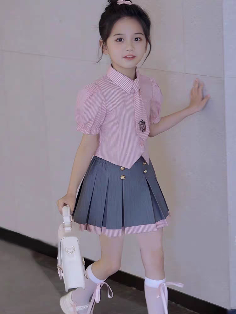 女童夏季条纹粉色衬衫半身裙两件套