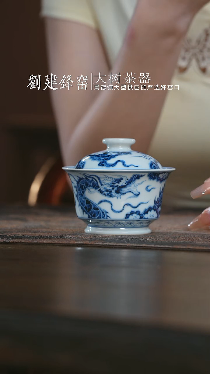 杯子刘建锋窑仿元龙纹马蹄盖碗