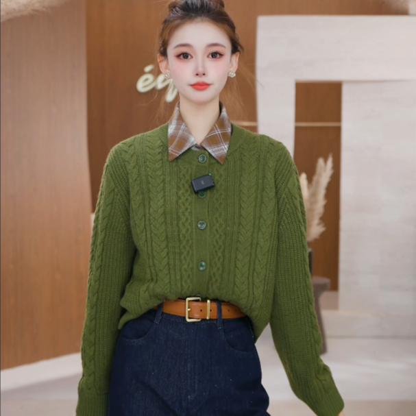 蒋欣代言伊芙丽圆领麻花厚实羊毛针织开衫25冬新复古1GA932431