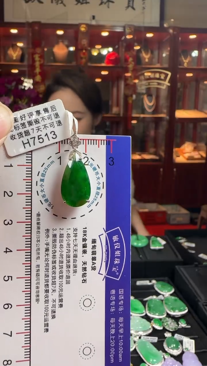 【闪购商品】翡翠颈饰18K金镶嵌H7513冰辣绿滴水