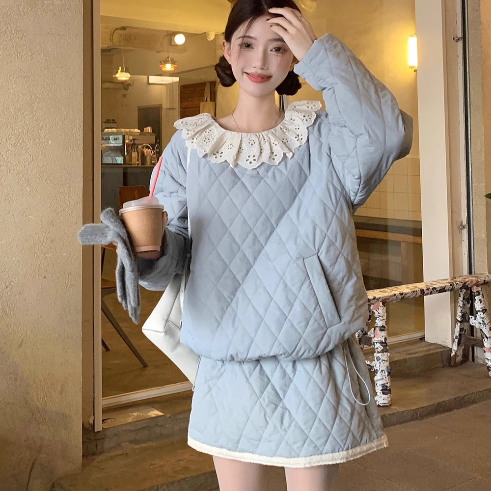 棉衣套装花边拼接荷叶花边领菱格棉服外套女冬季减龄半身裙两件套