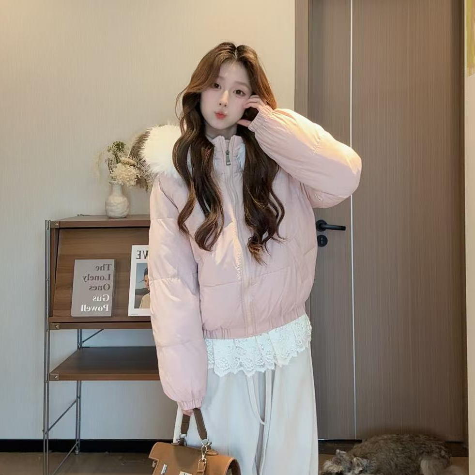 甜酷千金风短款棉服女外套毛领连帽简约百搭宽松保暖棉衣街头冬季