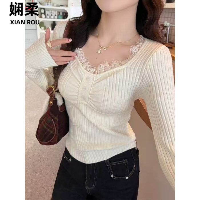 法式蕾丝早秋女装长袖上衣女V领蕾丝针织衫打底内搭修身2025新款