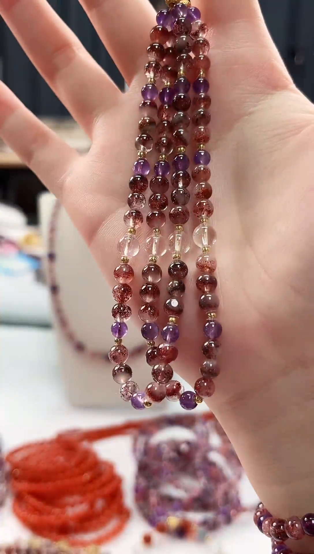 未镶嵌手串水晶金草莓超七手机链5mm【多样性发一】