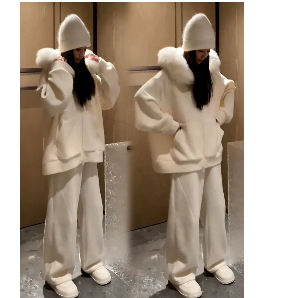 慵懒风时尚大毛领套装女士秋冬季休闲显瘦卫衣外套阔腿休闲两件套