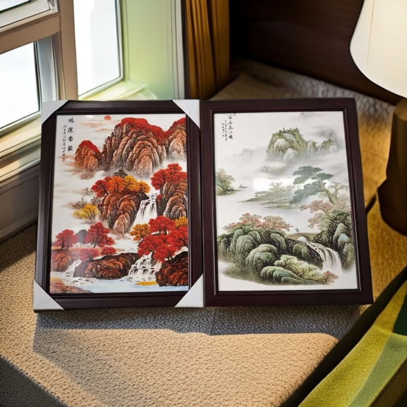 培培宠粉/高档高温陶瓷山水瓷板画一对