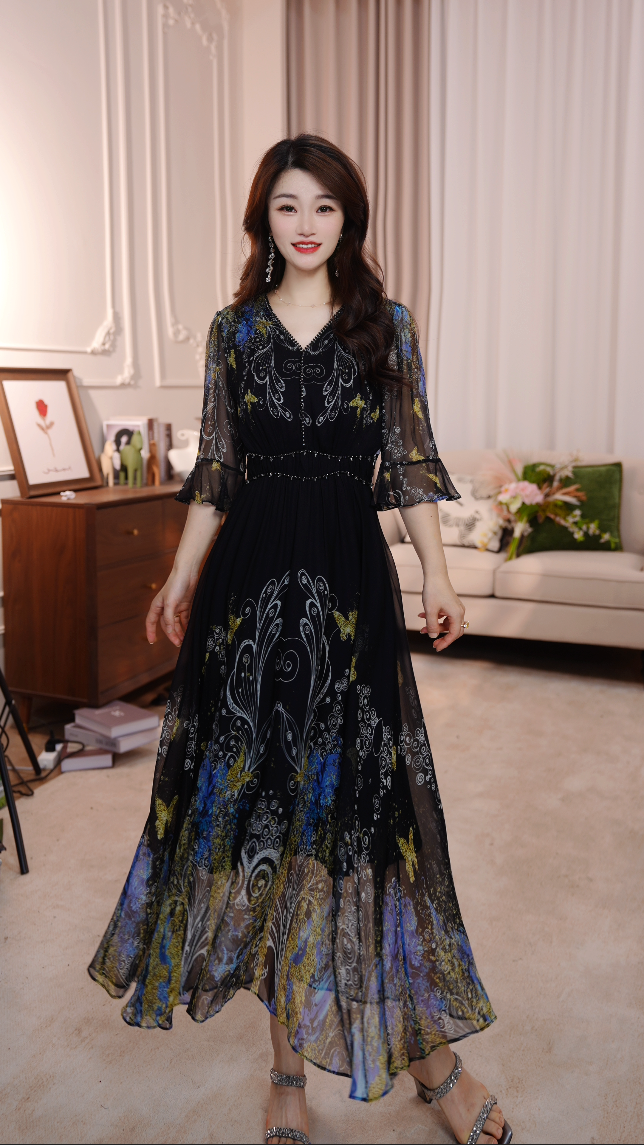 【月落星河】25年时尚名媛风优雅气质收腰高端连衣裙