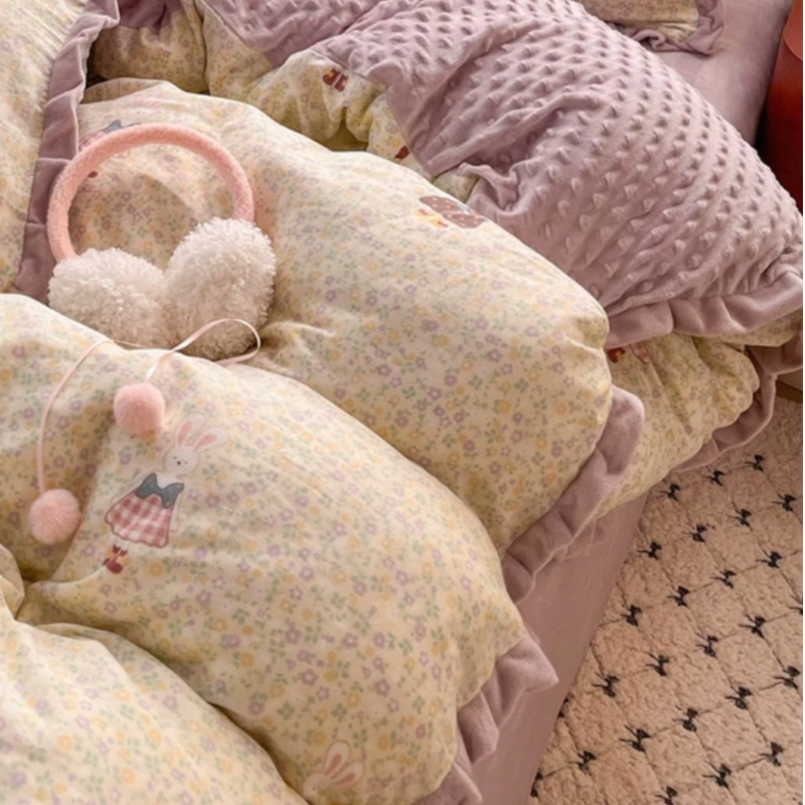 【花语兔豆豆绒四件套】200*230A面水洗棉B面豆豆加绒保暖四件套