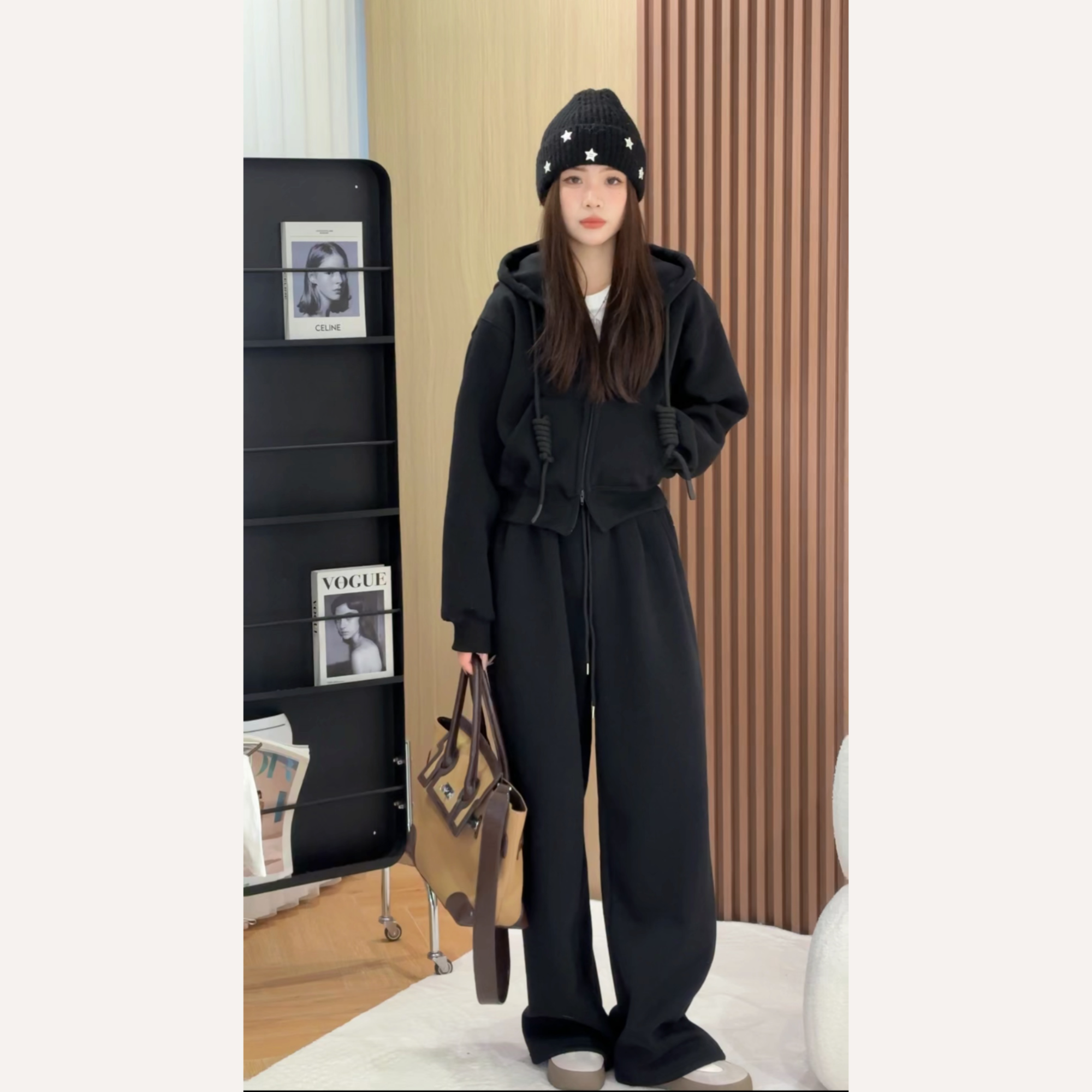 时尚显瘦收腰不师帽拉链高级穿搭休闲卫衣套装气质运动套装