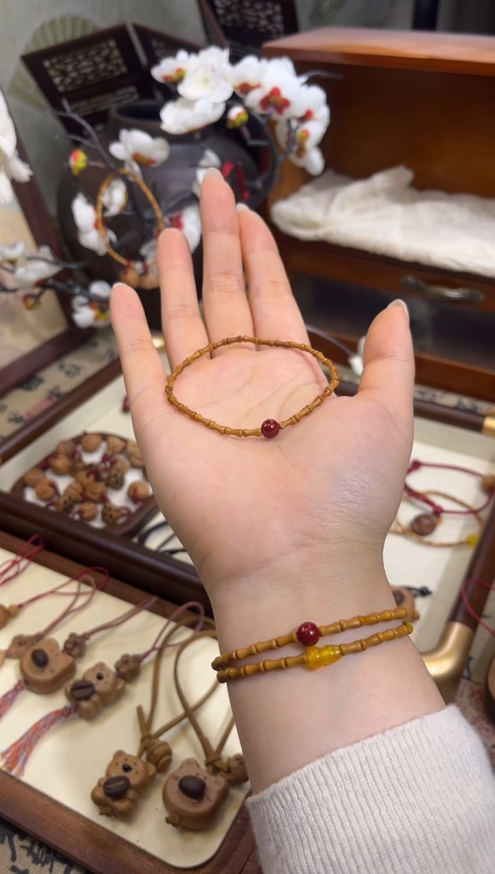 手串桃核【桃缘行】竹节「红色莎莎」桃木桃核辟、挡、驱、护 备注手围