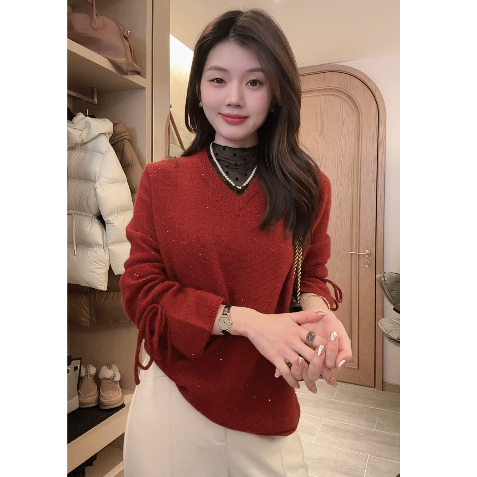 【夜蔷绮缎】‘’羊绒+绵羊毛蕾丝拼接百搭针织衫时尚毛针织衫