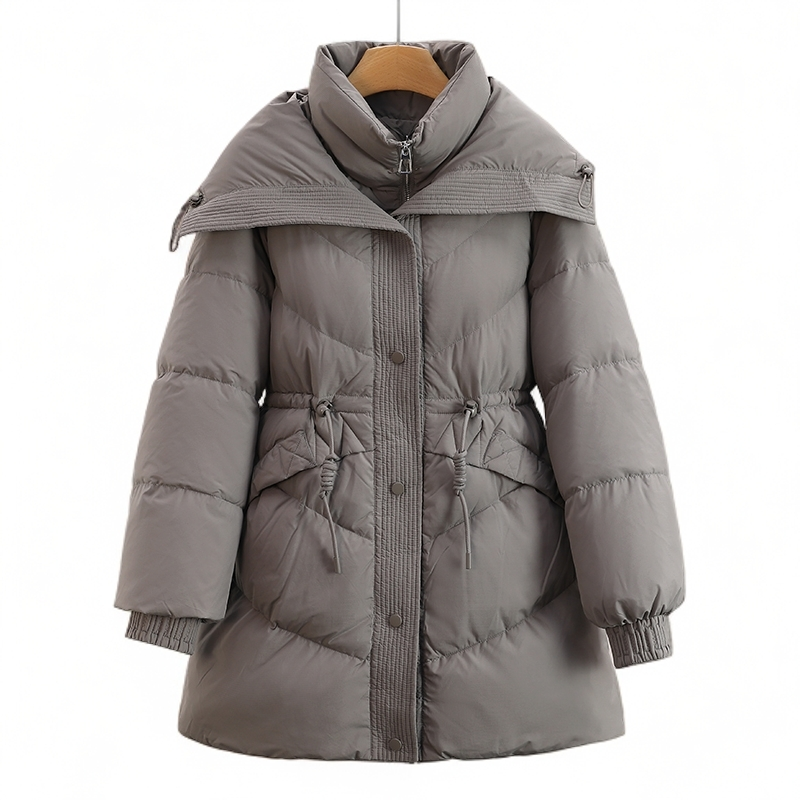 F8176-【麦】假两件立领抽绳收腰防风中长款羽绒服#SMY58H029