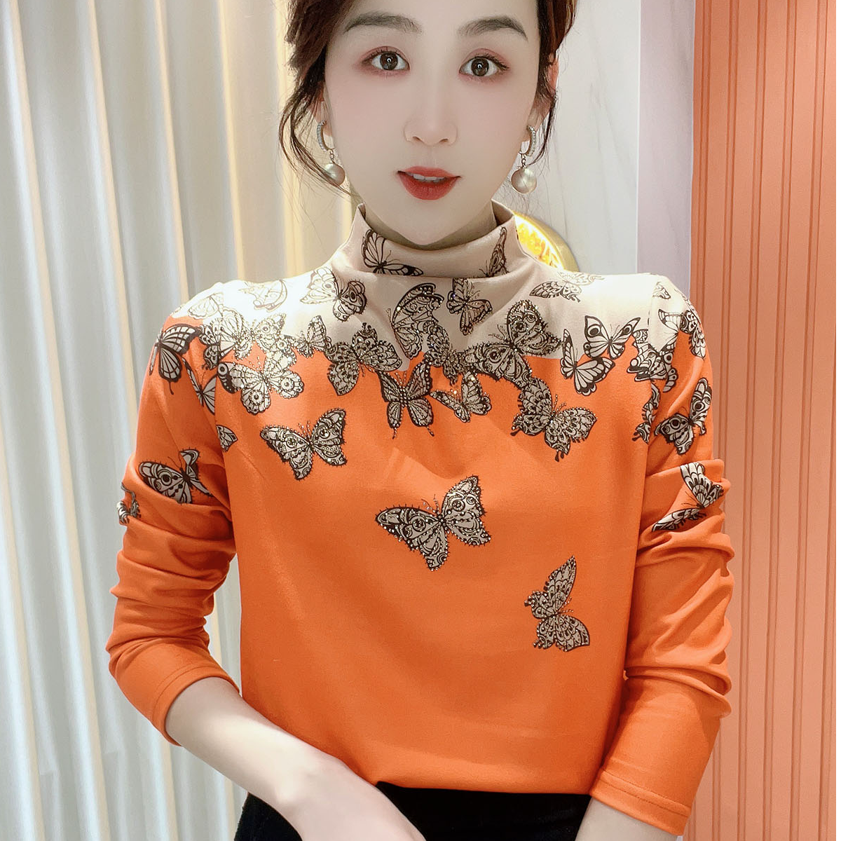 2025冬季新款堆堆领印花气质百搭时尚长袖加绒打底衫上衣女596