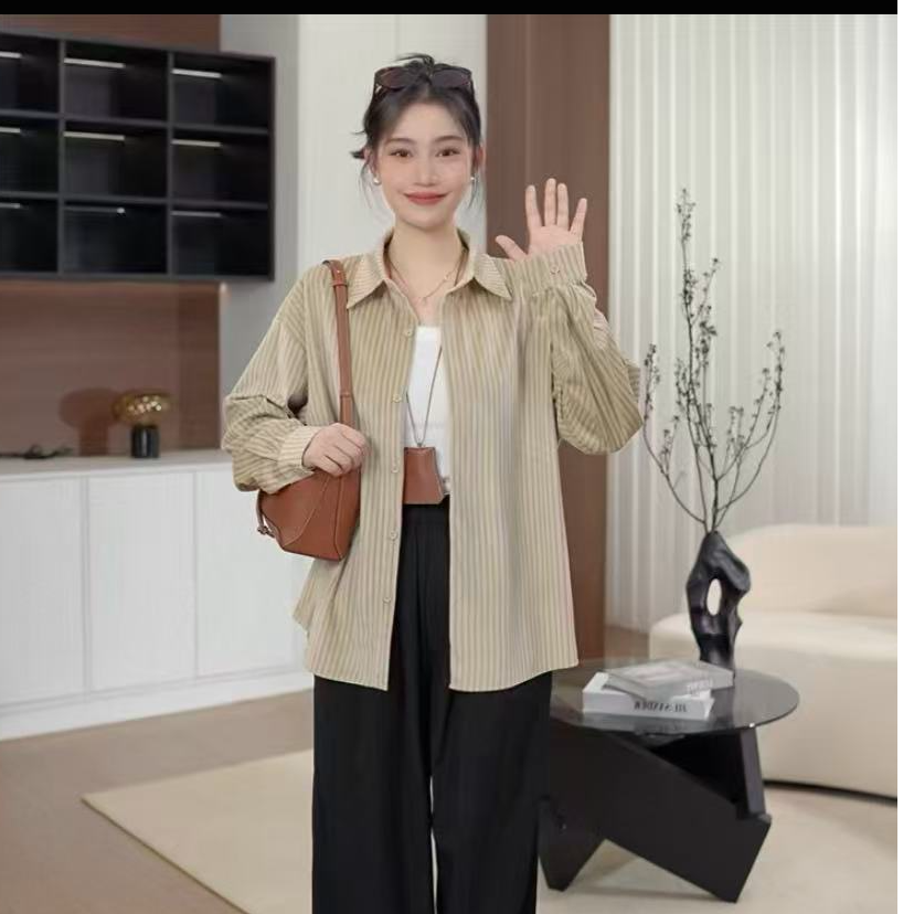 35-INS风时尚衬衣女装极简风上衣条纹轻熟风日式衬衣