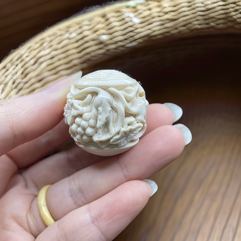 天然猛犸牙三多圆珠五鼠运财顶珠雕刻珠保真回纹多福锁骨珠