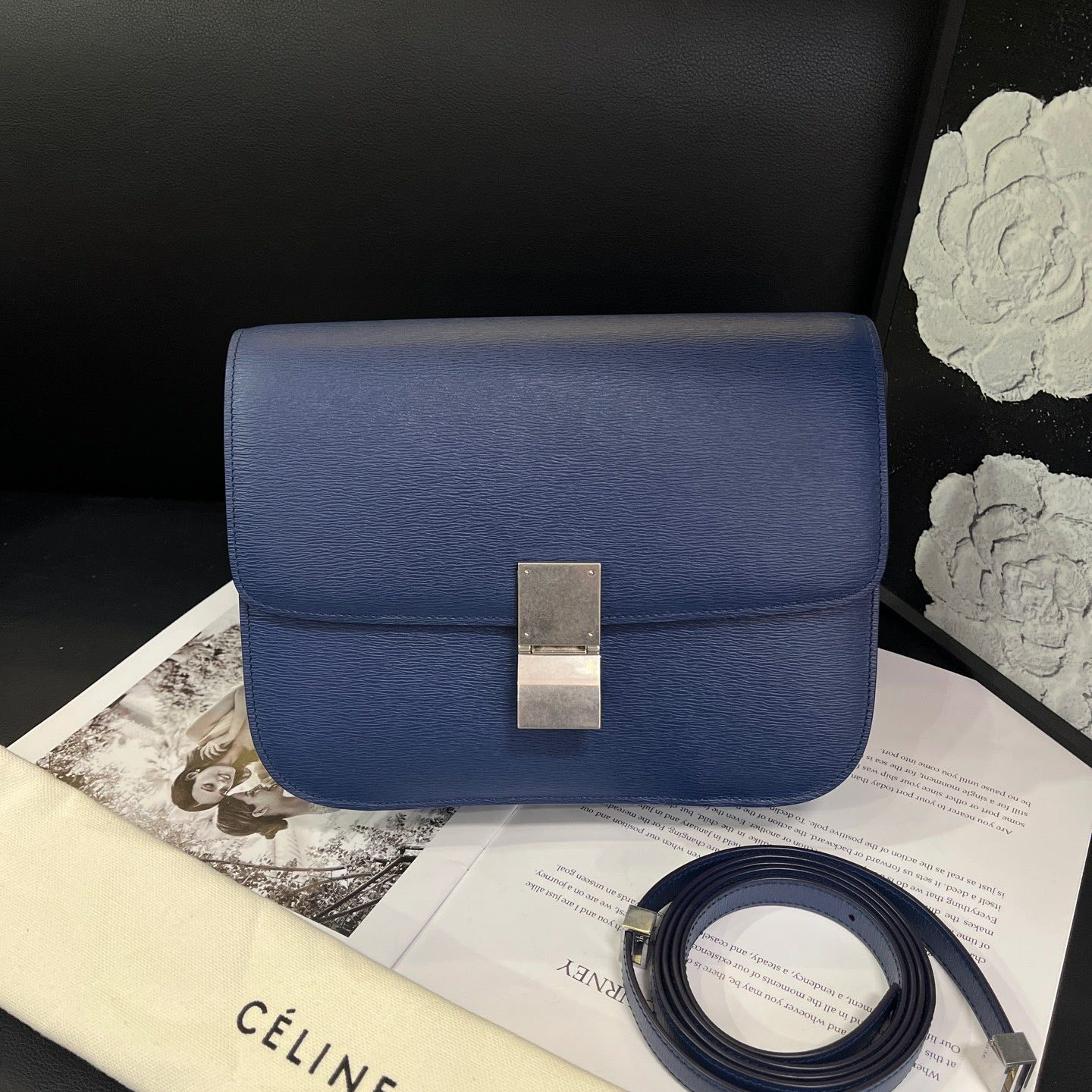 99新 Celine/思琳 深蓝色银扣水波纹豆腐斜挎包B3574#闲置