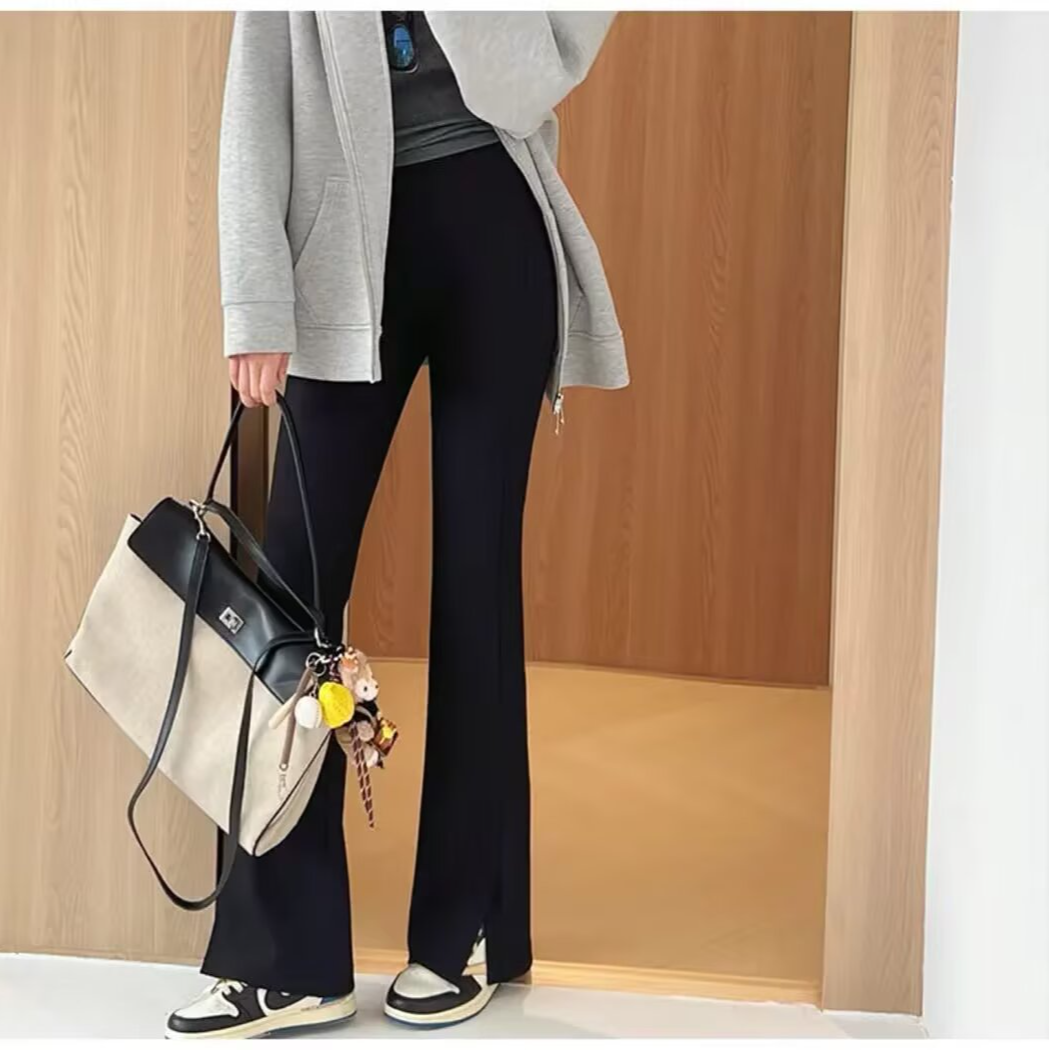 JIANAOBEN/简澳本大码高腰弹力显瘦洋气开叉微喇裤女窄版直筒长裤