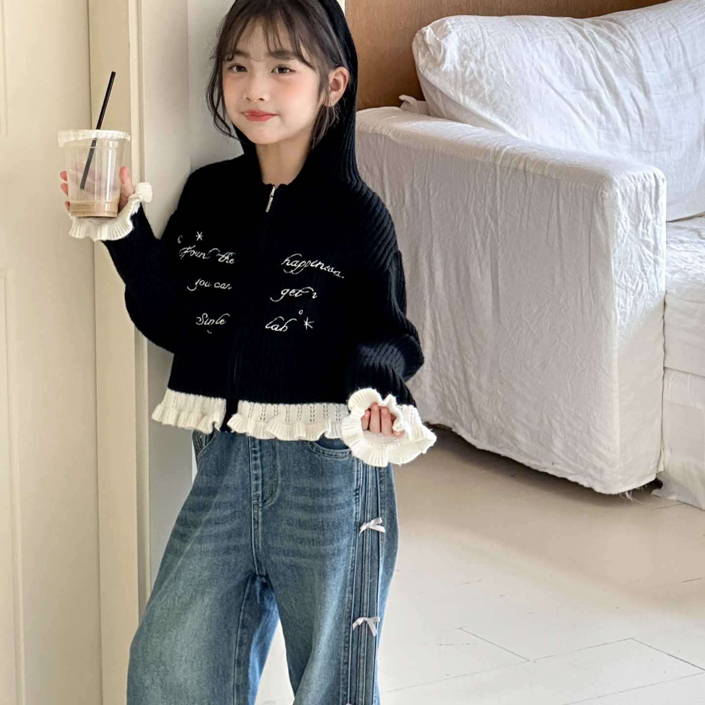 女童毛衣2025秋季新款百搭中大童针织开衫软糯长袖上衣连帽外套潮