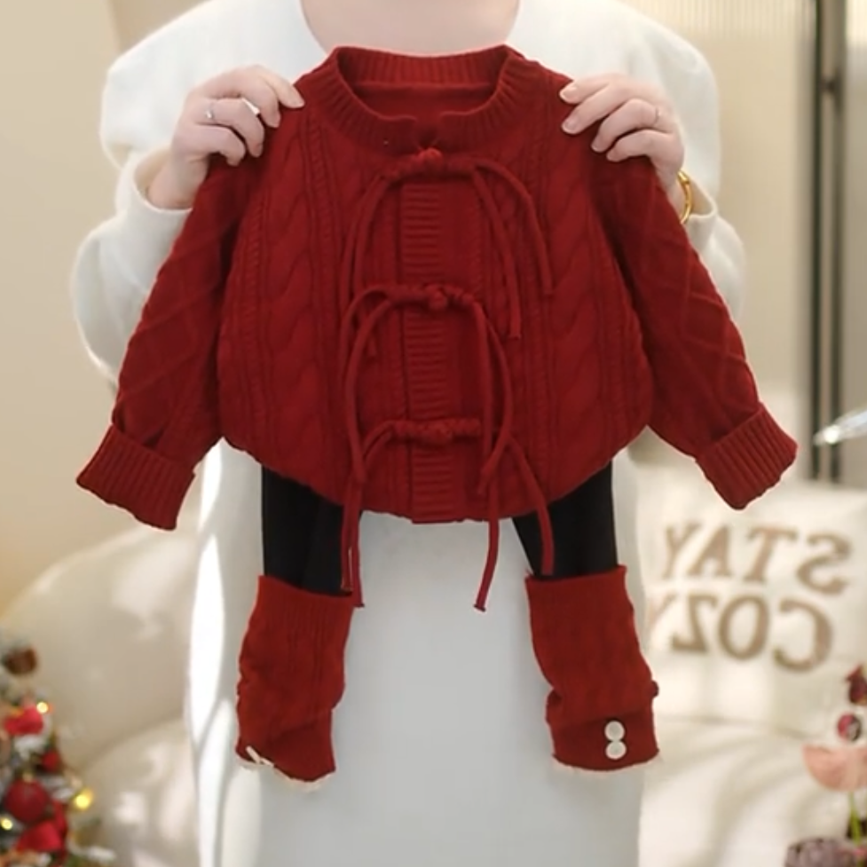 【现货】女童2025冬季新款洋气新中式盘扣毛衣打底裤套装C22286