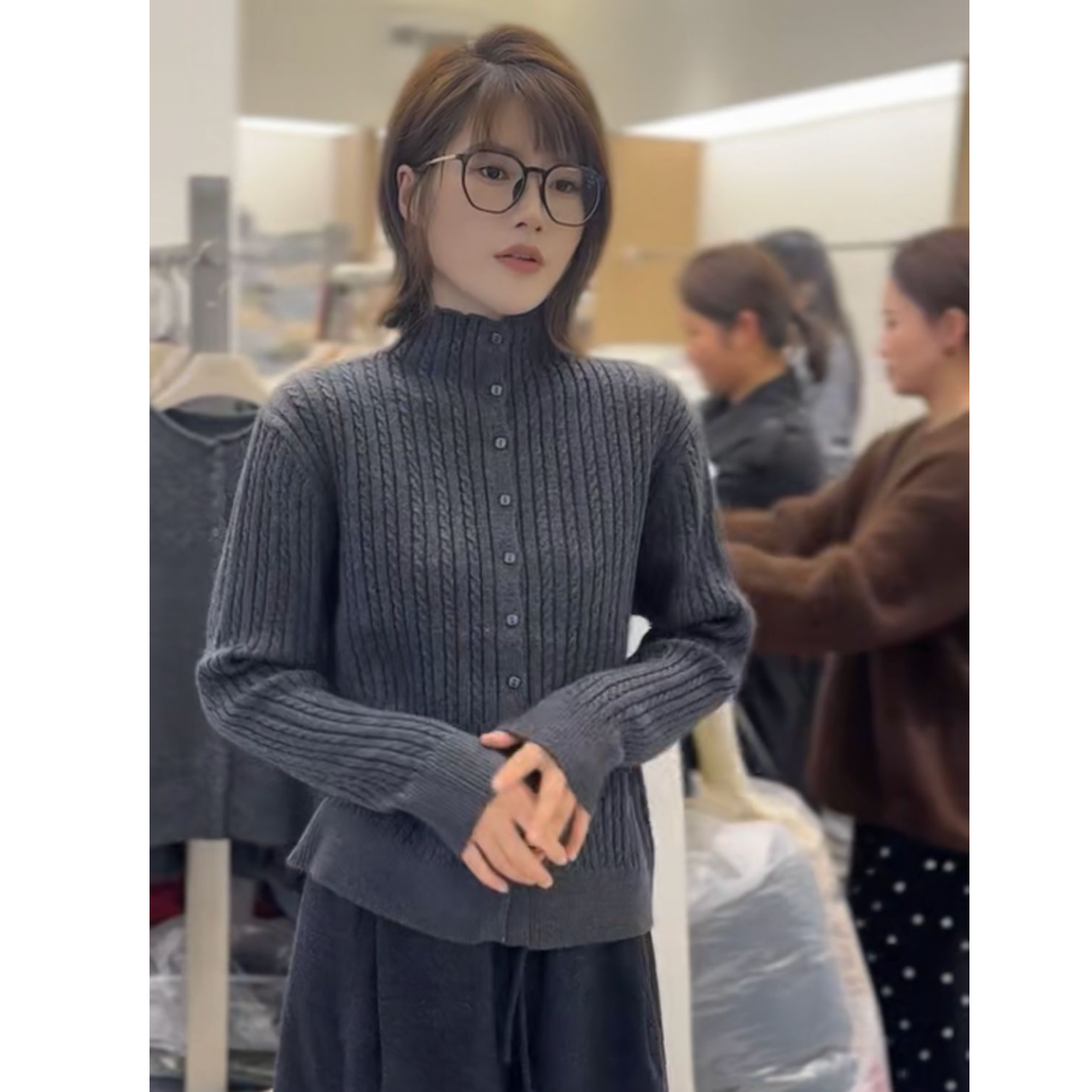 【麻花方糖扣】深灰色欧货气质针织开衫女毛衣外套单排扣宽松上衣