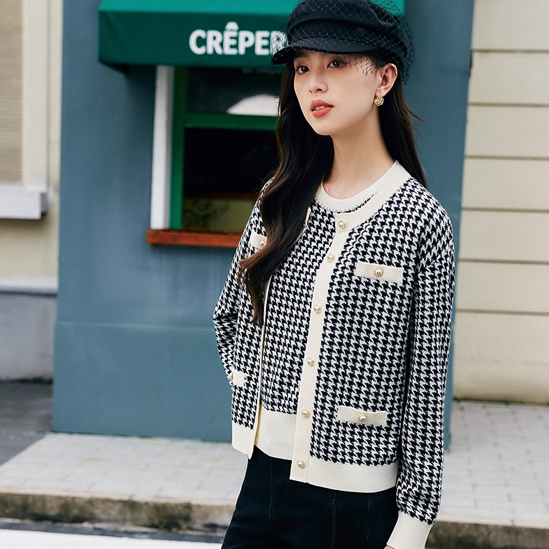 【羊羊专属】珂莱蒂尔复古千鸟格100绵羊毛针织开衫女