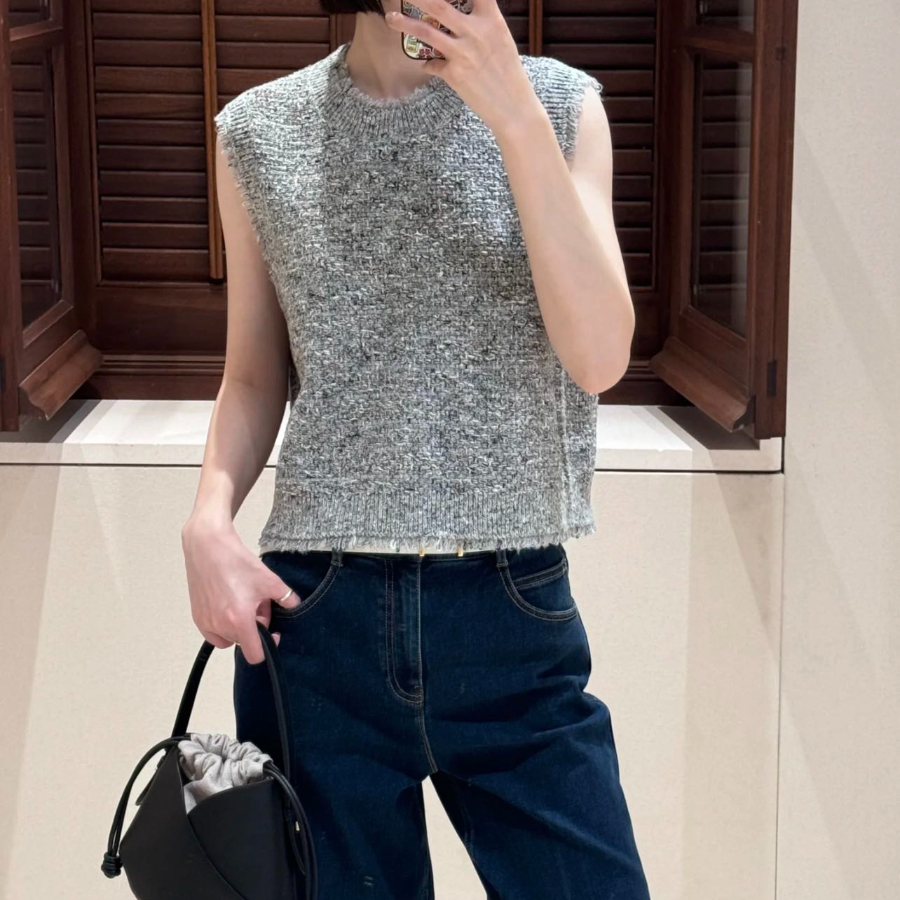 专属链接1841#2025新款小香风流苏圆领无袖百搭夹花灰针织背心