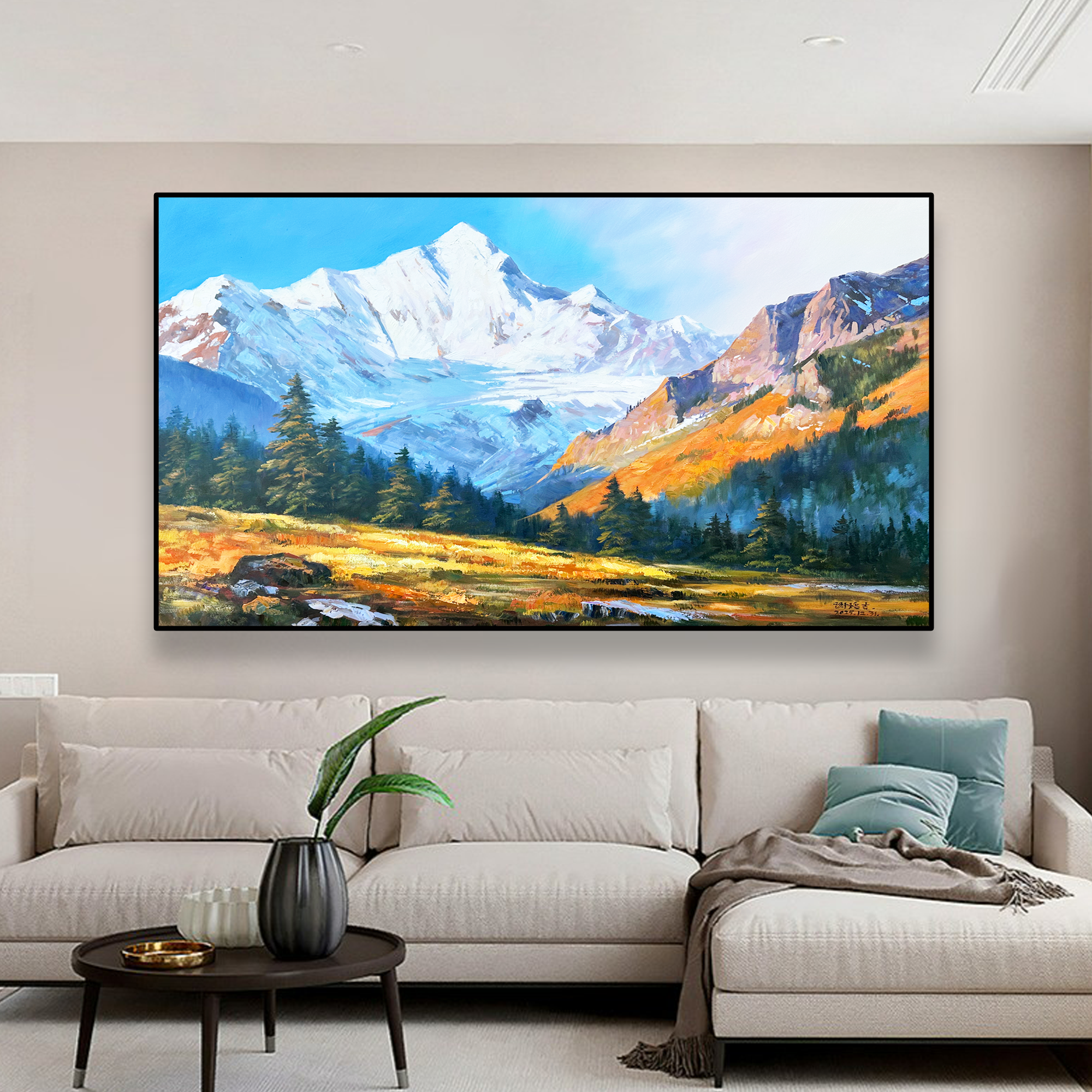 手绘油画【 雪中金山】山水画高山流水客厅背景装饰画轻奢高档挂画