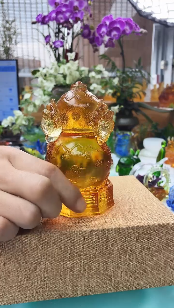 手工艺品琉璃琥珀色金蟾葫芦摆件13公分