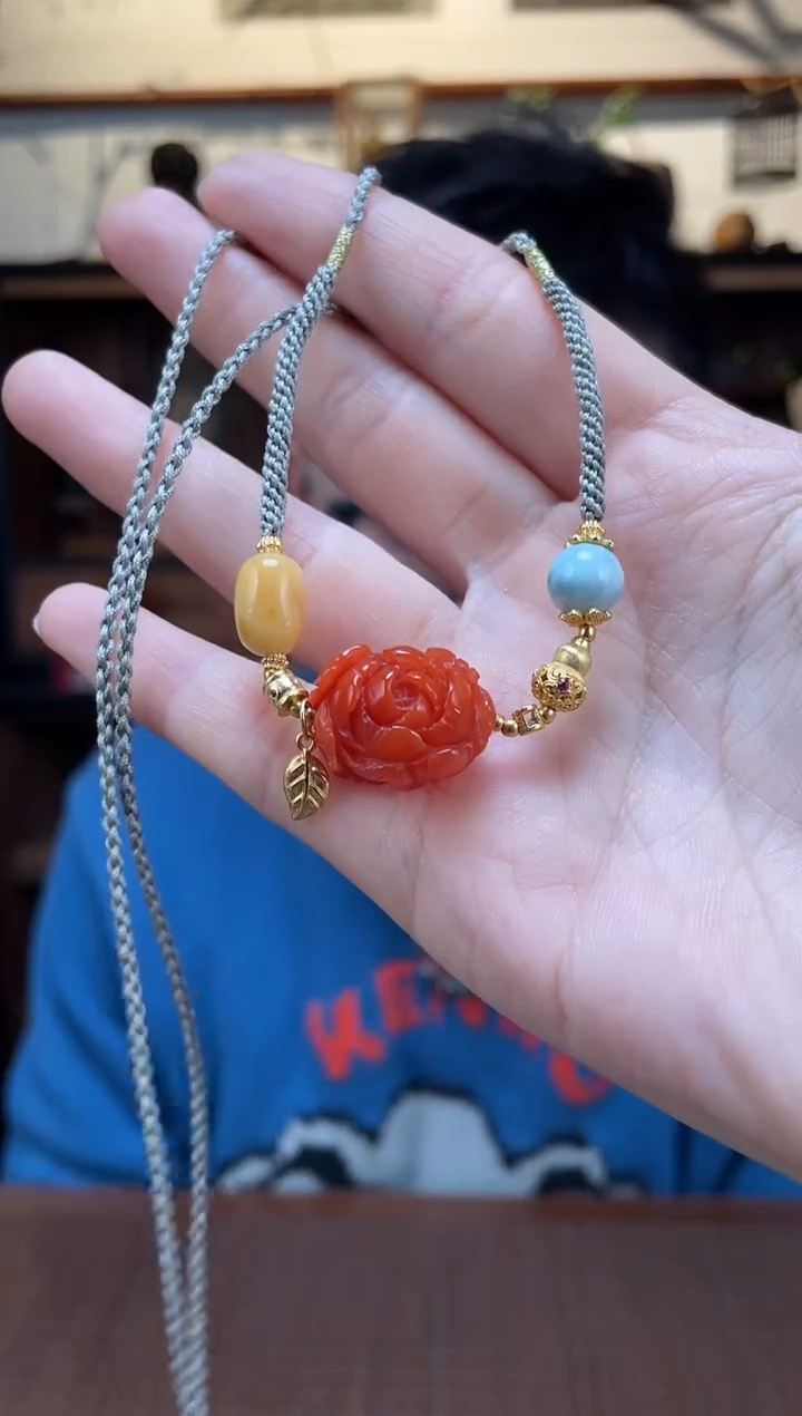 【闪购商品】南红玛瑙吊坠银S925镶嵌南红牡丹花吊坠*5XQ多样发一