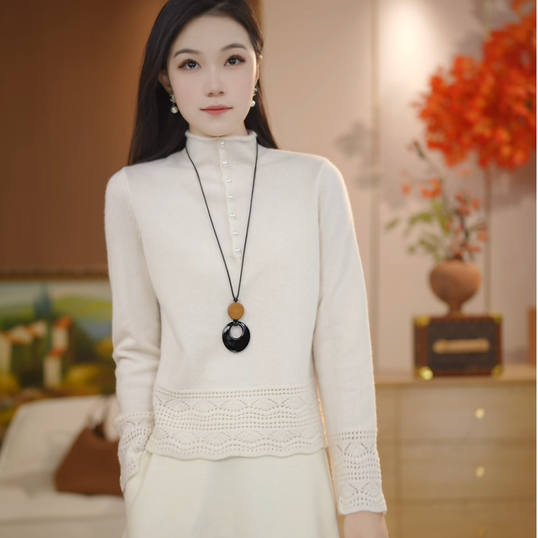 （100羊毛）秋冬设计感镂空钩花半高领针织衫休闲百搭针织衫1599393