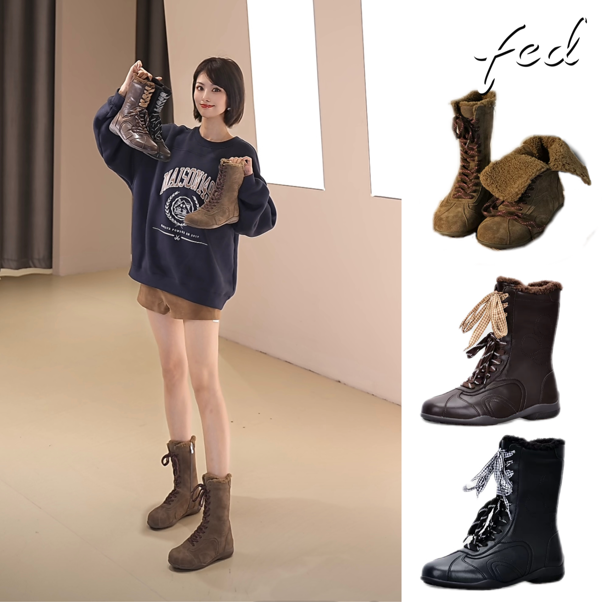 【拳击靴3.0】FED女鞋25秋冬新款百搭高帮拳击靴真皮运动靴DDH0273